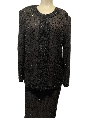 Vintage Laurence Kazar Black Silk Sequin Beaded Formal Evening Gown & Jacket S - Picture 2 of 12
