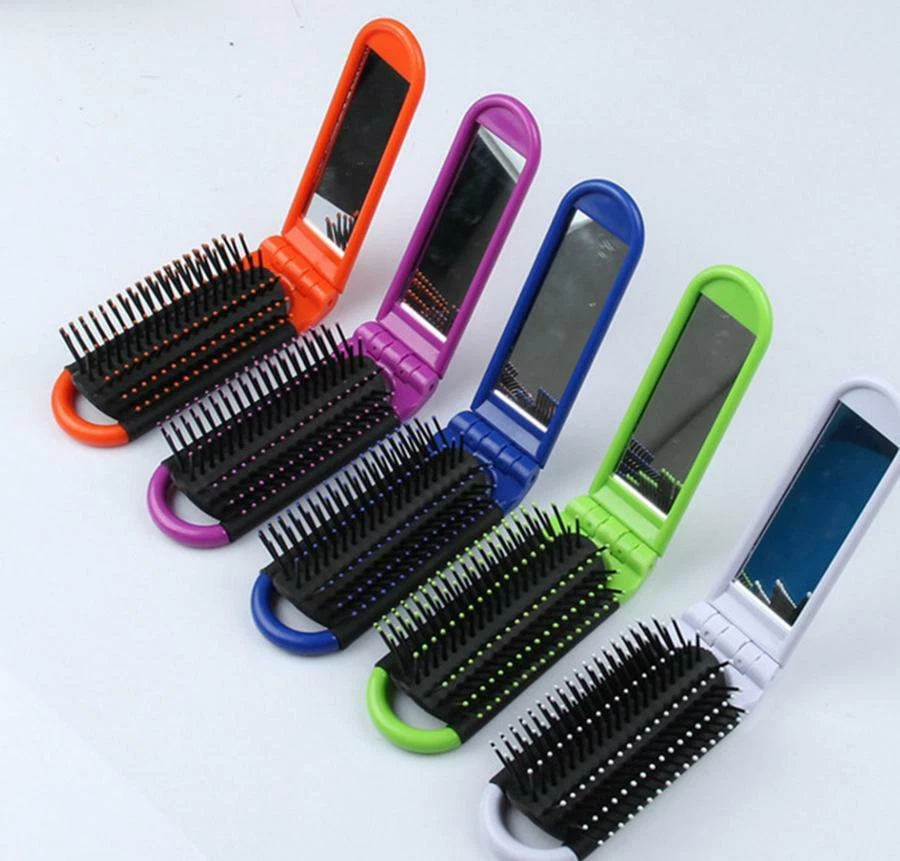 Portable Folding Hair Brush With Mirror Compact Travel Comb  - Image 2 of 4