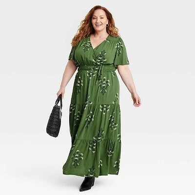 Women s Short Sleeve A Line Maxi Dress Knox Rose Moss Green 3X