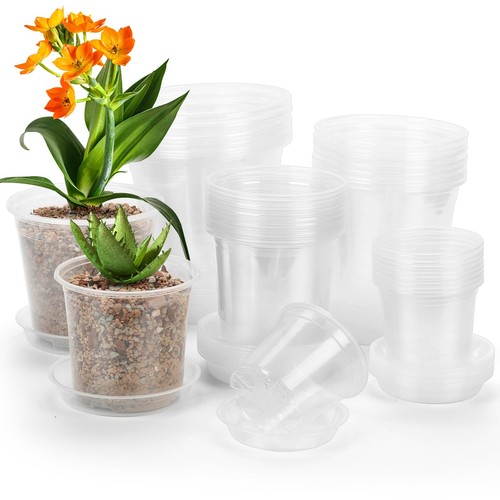 40 Pack 4/5/6/7 Inch Clear Nursery Pots with Drainage and Saucer, Clear Plast...