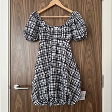 ASOS Navy Gingham Check Puff Sleeve Bubble Hem Open Back Mini Smock Dress 10 NEW