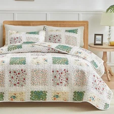 3 Pieces Quilt Set Full/Queen, Patchwork Floral Boho Design, Soft n Cozy Micr...