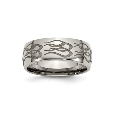 Mens 8mm Polished Titanium Flames Laser Design Wedding Band Ring