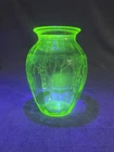 Antique Uranium Glass Vase Green Etched Swag Garland Victorian 7” UV Glow
