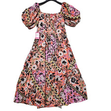 Vince Camuto Women Orange Dress Size 12 Fits MIDI Puffed Sleeves Floral $158 NEW