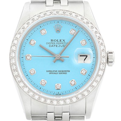 Rolex Mens Datejust 18K White Gold Steel Aqua Blue Diamond