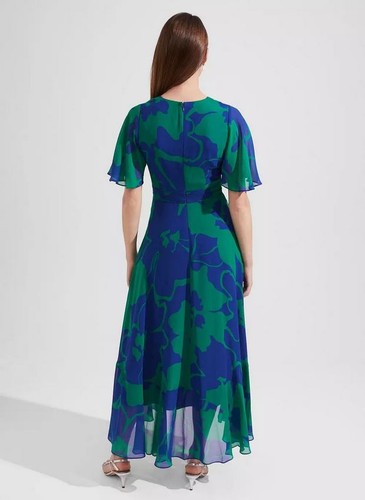 Hobbs Freya High Low Silk Dress Floral Print Size UK 16 Green Blue US 12 Midi - Picture 3 of 24