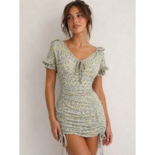Floral Ruched Mini Dress Womens Small Blue Yellow Ruffle Tie Front Boho