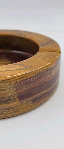 Natural Onyx Stone Vintage Cigarette Ashtray Chunky Round 5" 3 Slots Retro Brown - Picture 7 of 13