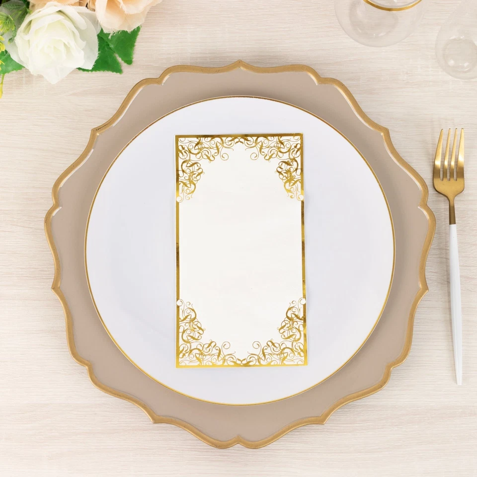 50 WHITE Soft Dinner Paper Napkins with Gold Foil Lace Design Party Centerpieces - Image 2 of 4