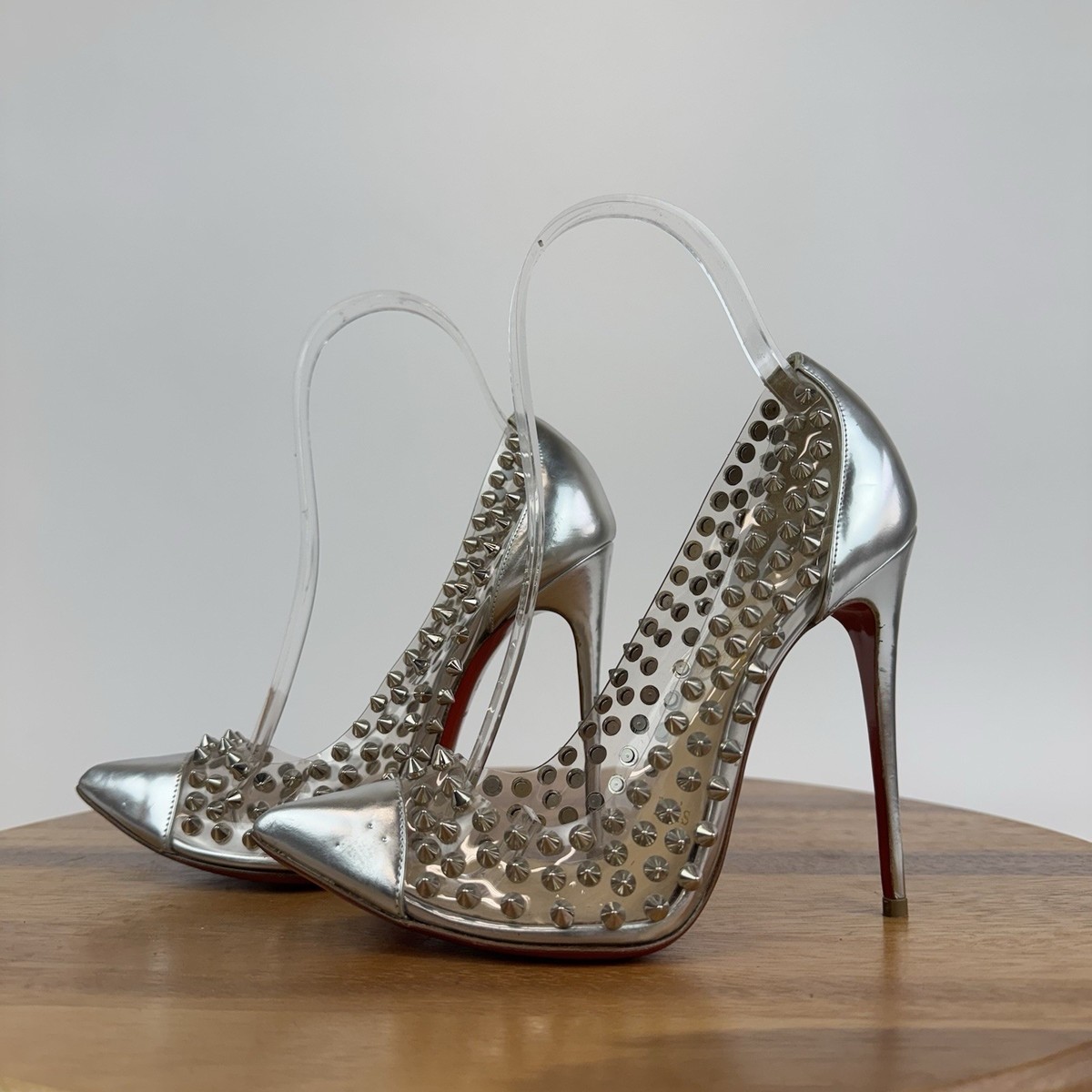 Womens Christian Louboutin Spike Me PVC Silver Stiletto Heels