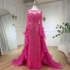 Luxury Pink Mermaid Evening Dress Beaded Lace Applique Long Wedding Party Gowns