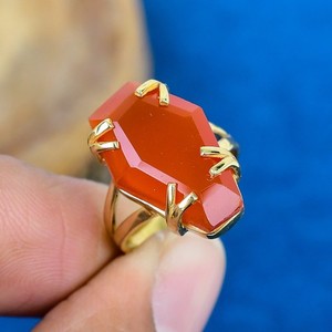 Authentic Natural Coffin Carnelian Gemstone 925 Sterling Silver Ring Gold Plated