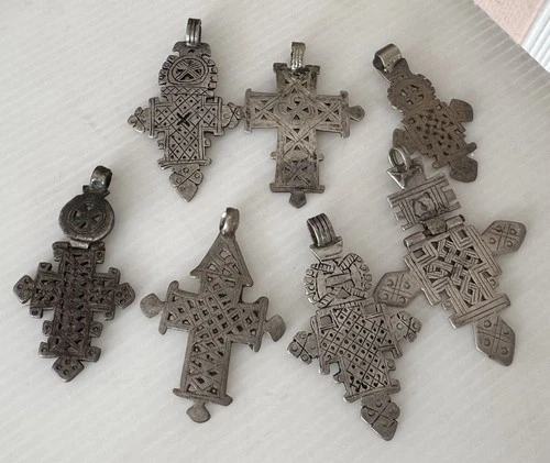 PICK Vintage Ethiopian Jointed Coptic Cross Charm Pendant Silver Tone Tribal 3" - product listing photo