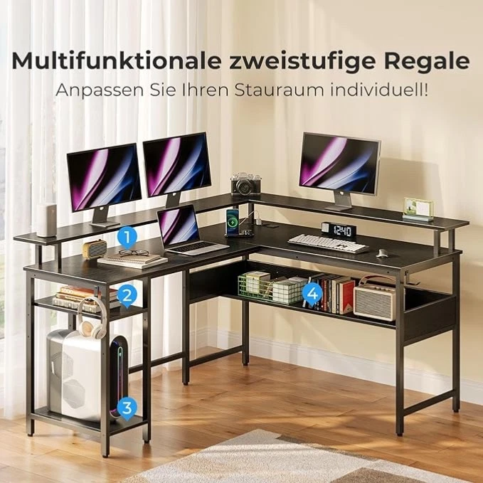 Gaming Schreibtisch L Form mit LED Steckdosen Gaming Tisch mit Monitorständer - Bild 3 von 4