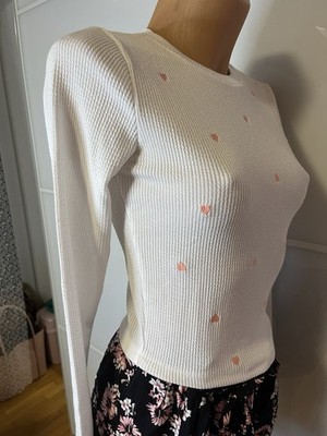 Damen Sweatshirt Pulli Gr 36 /S Weis Mit Rosa Herzchen Neu Pullover Shirt