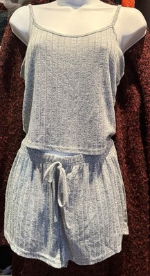 Blue Sleeveless Romper M Scoop Neck Drawstring Elastic Waist Spaghetti Strap