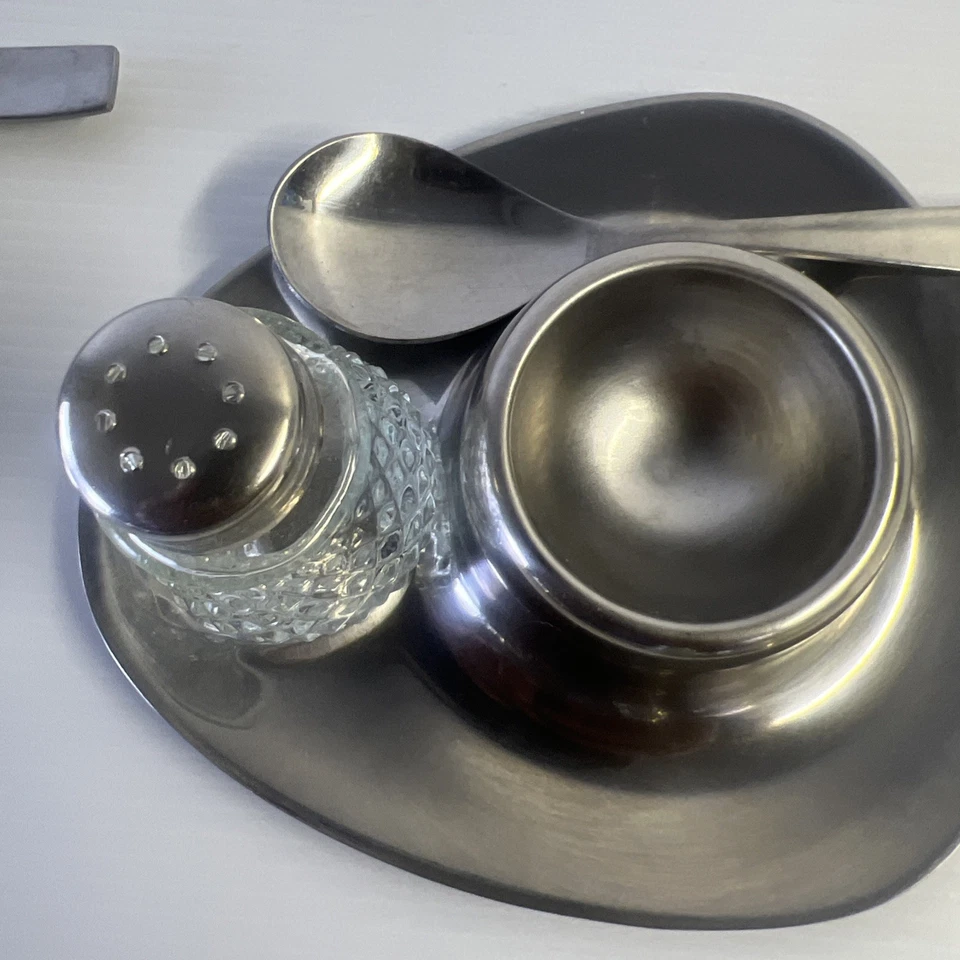 RARE 1970's Sarosh Stainless Steel Egg Cup & Mini Glass Salt Shaker x4 - image 4 of 4