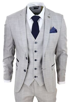 Paul Andrew Hugo Men's Grey 3 Piece Suit Navy Check Velvet