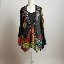 Boho Artsy Patchwork Long Sleeve Cardigan Sweater Gray Multi Size Small