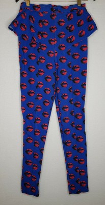 Nasty Gal Womens Large Pants Blue Red Lip Print Peplum Waist Skinny Hi Rise | eBay