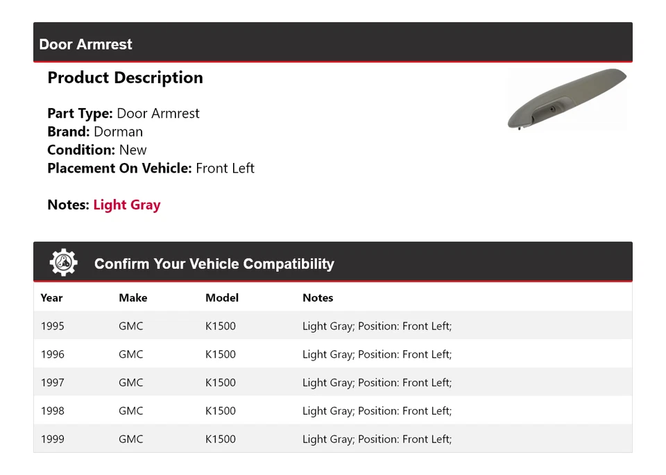 Подлокотник передний левый для двери 1995-1999 GMC K1500 Dorman 1996 1997 1998 - Изображение 2 из 4