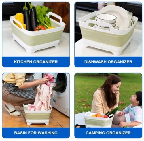2 PACK! Green Collapsible Sink with Drain Wash Basin Camping Kitchen Laundry Tub - Picture 2 of 11