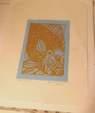 Yellow Fish on Blue- Linoblock print by Julie Miscera  #10063
