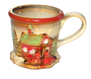 3D 3.1/2 inch Christmas Mug with Cardinals Tree and Cottage