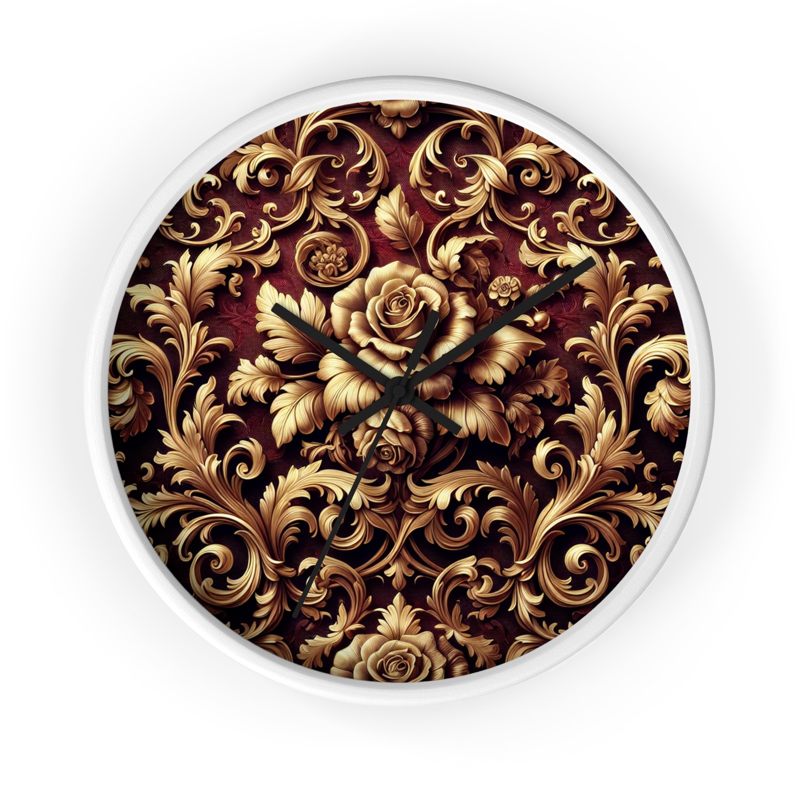 NEW Home Decor Wall Clock Luxe Damask Floral Pattern - Gold/Burgundy