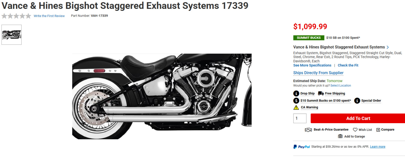 2011 Harley Softail VANCE HINES Exhaust Muffler Header Pipe Kit BIG SHOTS CHROME