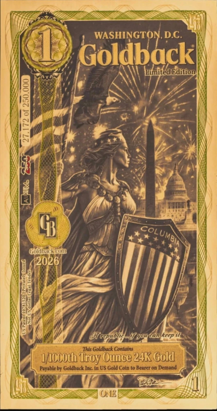 Washington DC 1 Goldback 2025 Gold Foil Note 1/1000th Troy Oz 24KT Bullion