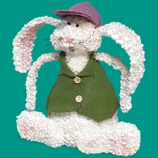 VTG Hand Made Mulberry Paper 13" Dapper Bunny Rabbit In Hat & Vest Wire Whiskers