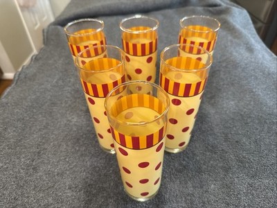 Vintage Gail Pittman 6 Piece Set Yellow Red Polka Dot 12 oz Tom CollinsTumblers