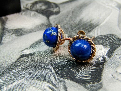 Earrings Yellow 9CT Gold Lapis Lazuli Studs (N3FV) - Picture 2 of 4