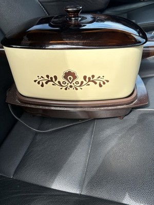 Vintage Electric Slow Cooker Beige Brown Ceramic Floral Design Glossy Lid