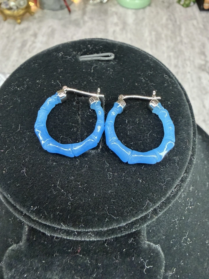 Новый синий нефрит обруч серьги 925 родия покрытием ювелирных изделий камень подарок - Изображение 3 из 4