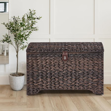 Handwoven Storage Basket with Lid, Plastic Rattan Storage Bin, Leather Buckle