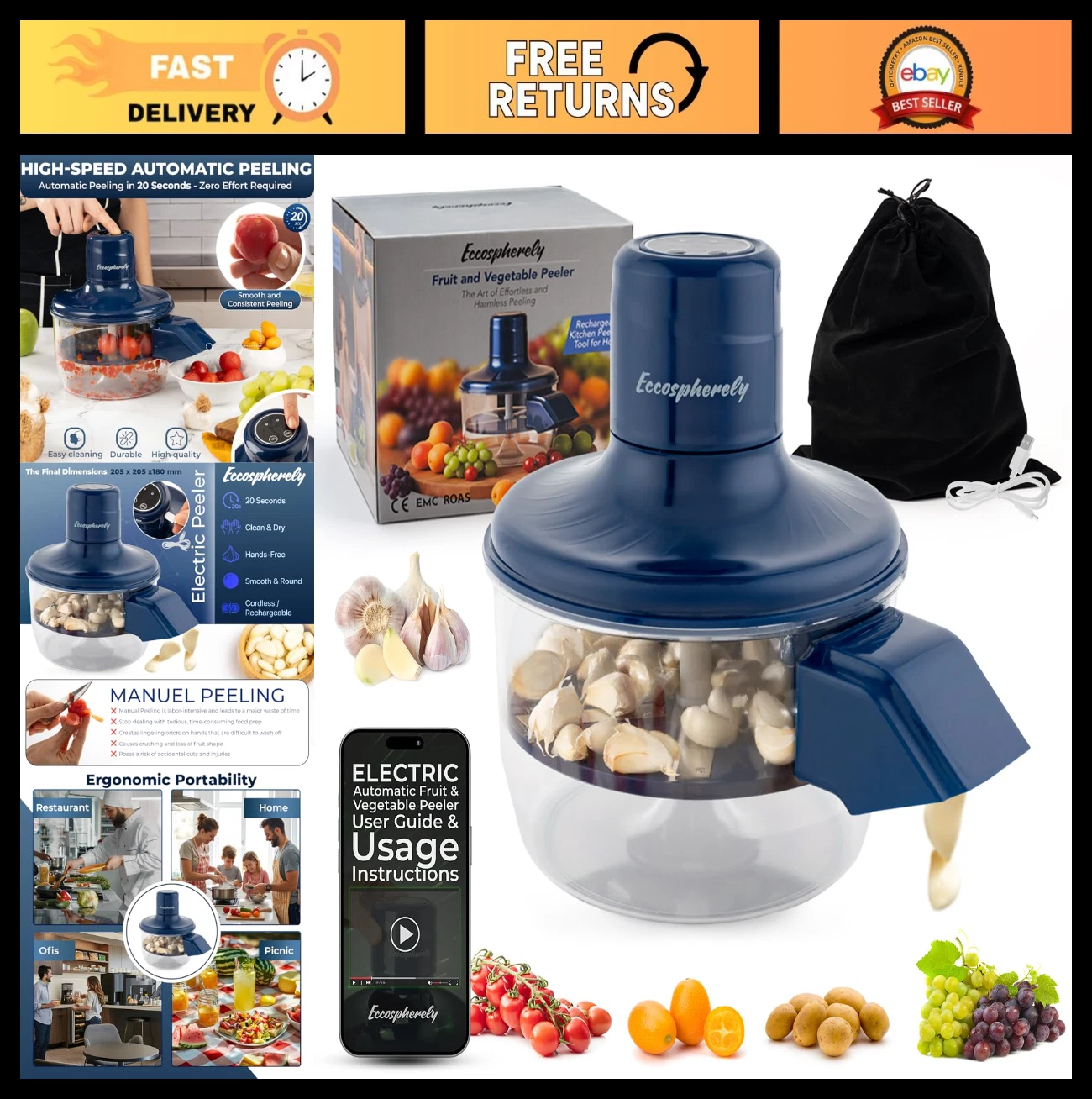 Cordless Electric Fruit & Vegetable Peeler - Rechargeable, Easy-Clean Multi-Func