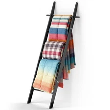 Farmhouse 6 Ft (70 inch) Wooden Blanket Ladder with Removable Hooks, 6-Tier R...