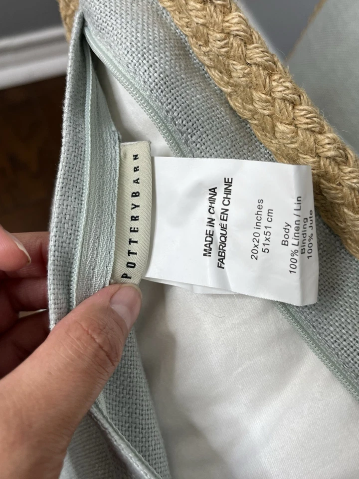 2 ALMOHADAS DE LINO DE GRANERO DE CERÁMICA CON TRENZA DE YUTE 20"x20" azul cambray CON ALMOHADAS Foto 3 de 4