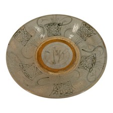 10.5” Chinese Swatow Ware Style Crackle Celadon Bowl Hand Painted