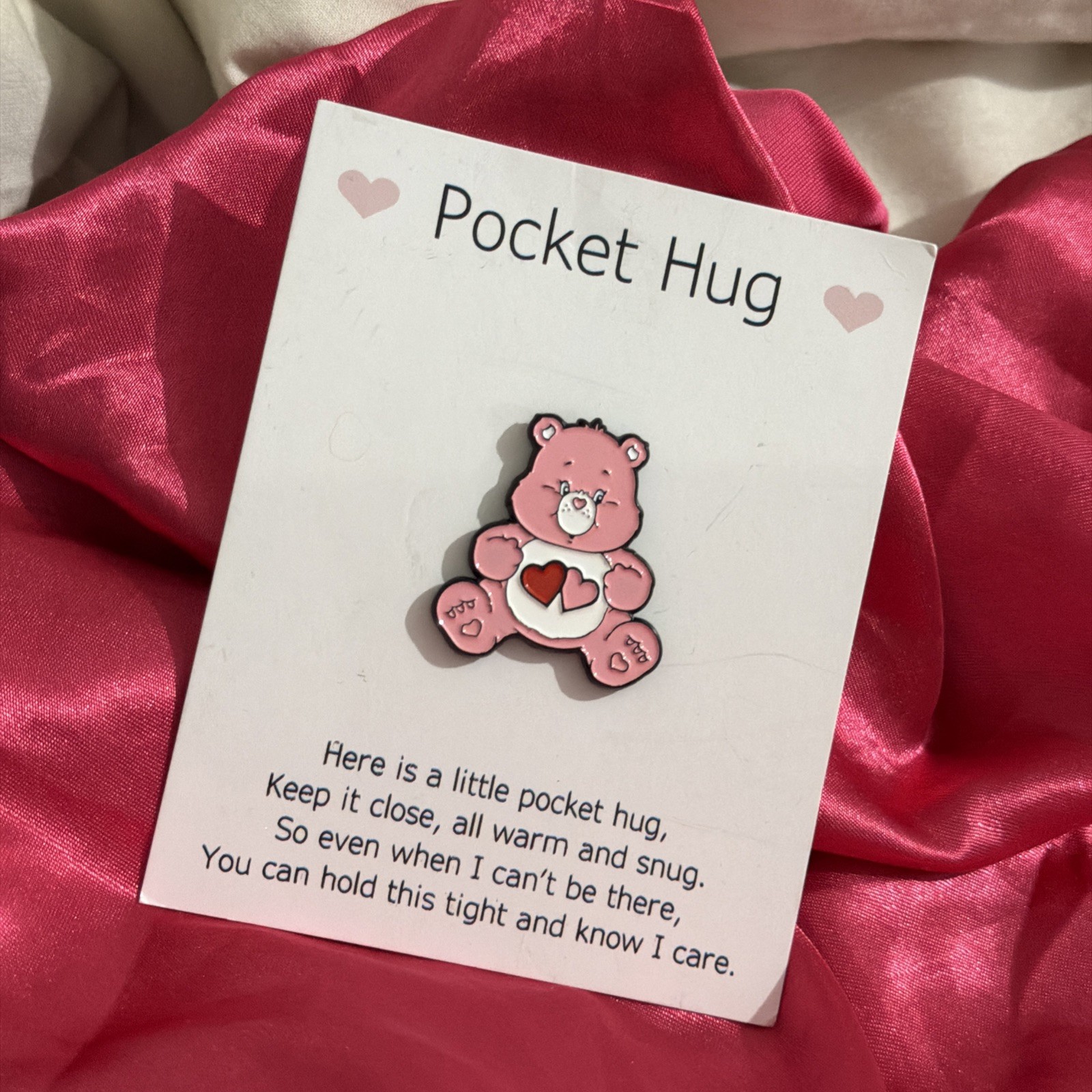 Pink love heart teddy  Care Bear Pin Badge Bears pocket hug collector item gift