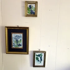 Blueberry Watercolor Painting Lot of 3 Brass Frames Primitive Gallery Wall