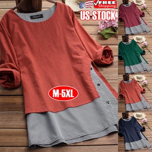 Womens-Loose-Cotton-Linen-Casual-Tops-T-Shirt-Plaid-Long-Sleeve-Blouse-Plus-Size