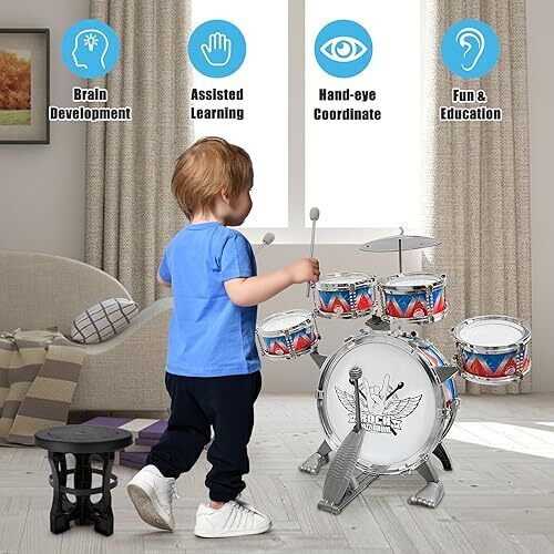 Juego de batería para niños pequeños Kit de batería de jazz con taburete Instrumentos musicales Juguetes Estilo B - Imagen 4 de 7