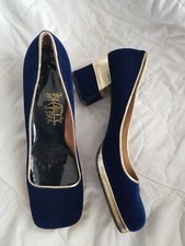 1960's Blue Velvet Gold Leather Square Toe Low Heel Womens Vintage Shoes sz 7