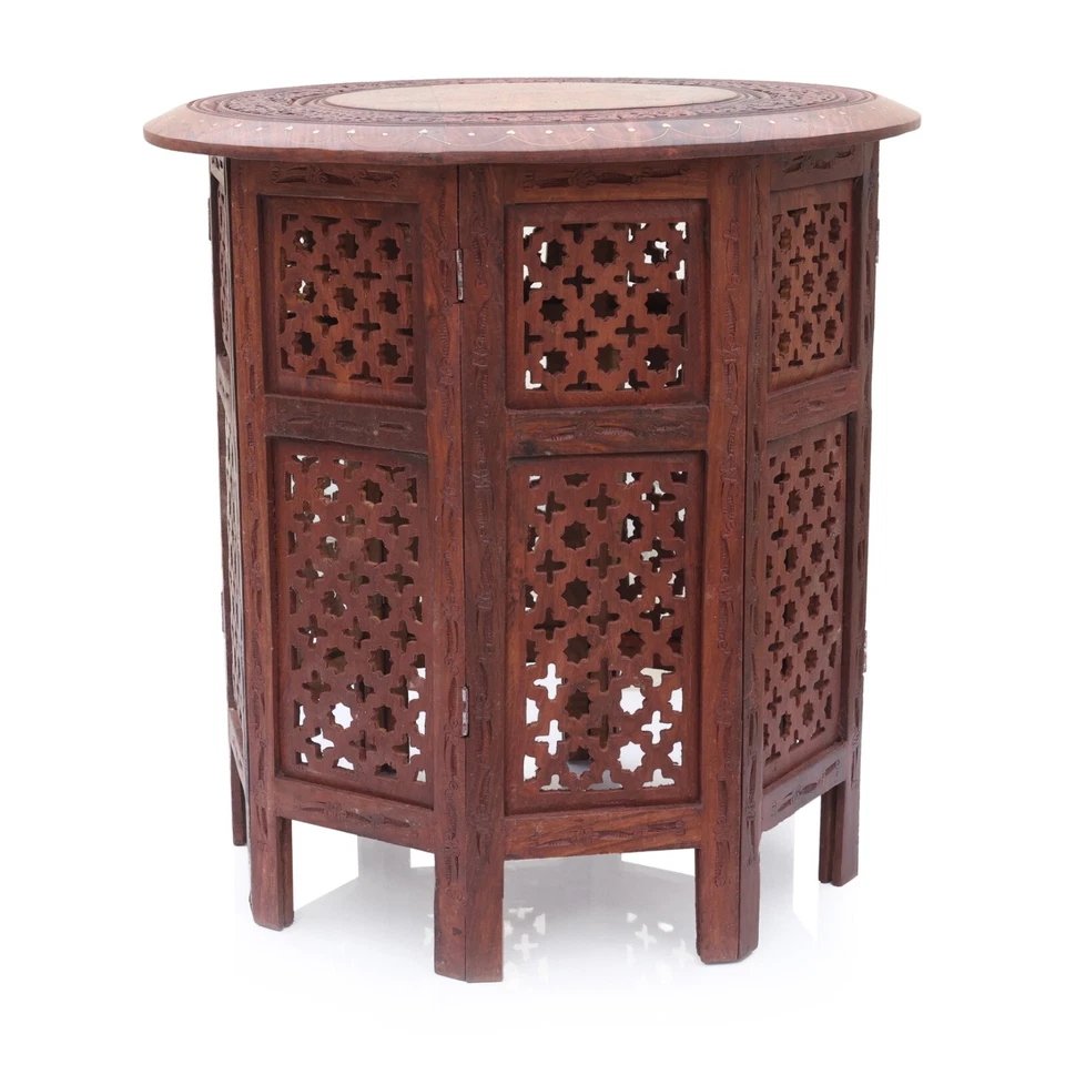 Indian Handcarved 18 Inch Wooden Side/End Table with Brass Inlay on Floral Motif - Image 2 of 4