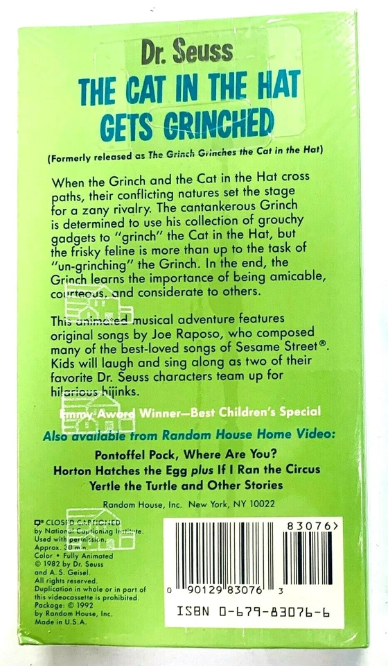 Dr Seuss The Cat in the Hat Gets Grinched (VHS, 1992) Christmas Special NEW HTF Foto 2 de 4