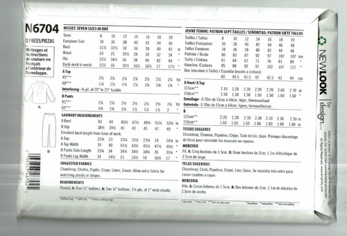 New Look #N6704 Top and Capri Pants Pattern Size: 8-20 UC - Picture 2 of 2
